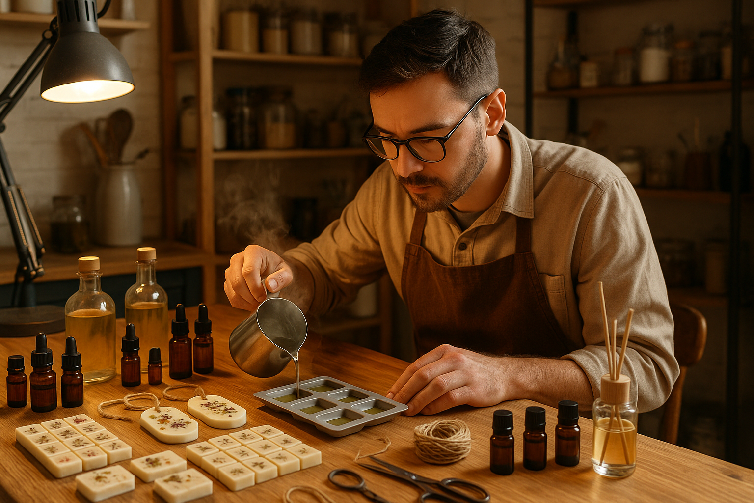 man making hand crafted wax melts and air fresheners